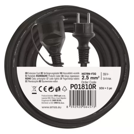 Hosszabbító 10 m / 1 aljzat / fekete / gumi-neoprén / 250 V / 2,5 mm2