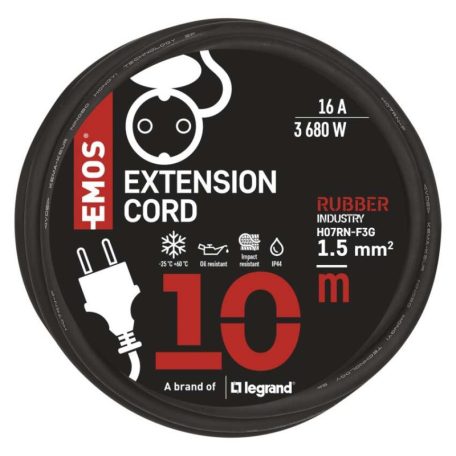 Hosszabbító 10 m / 1 aljzat / fekete / gumi-neoprén / 250 V / 1,5 mm2