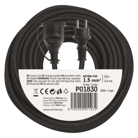 Hosszabbító 30 m / 1 aljzat / fekete / gumi-neoprén / 250 V / 1,5 mm2