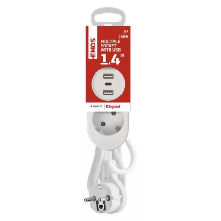 Hosszabbító 1,4 m / 2 aljzat+2×USB-A+1×USB-C / fehér / PVC / 1,5 mm2