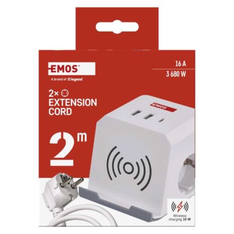 Hosszabbító - kocka 2 m / 2 aljzat / fehér / 2×USB-A+1×USB-C+Qi / 1,5 mm2