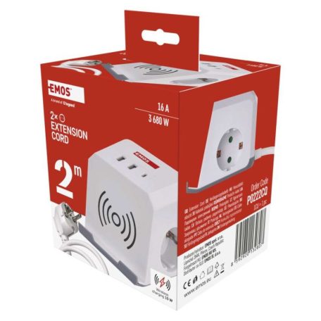 Hosszabbító - kocka 2 m / 2 aljzat / fehér / 2×USB-A+1×USB-C+Qi / 1,5 mm2