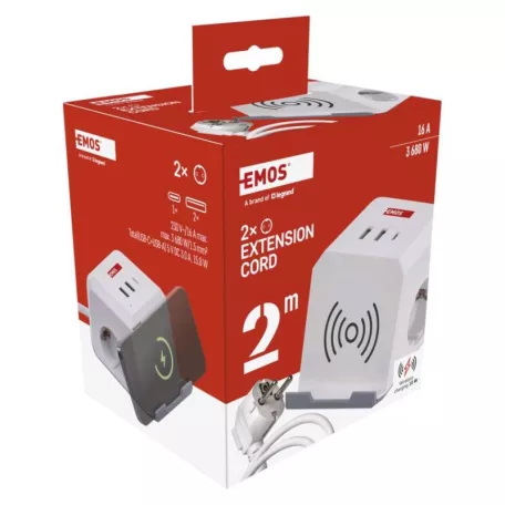 Hosszabbító - kocka 2 m / 2 aljzat / fehér / 2×USB-A+1×USB-C+Qi / 1,5 mm2