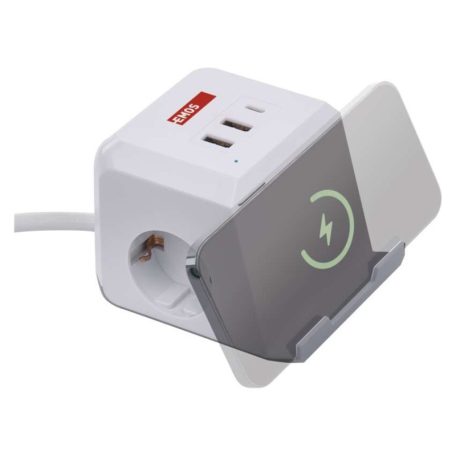 Hosszabbító - kocka 2 m / 2 aljzat / fehér / 2×USB-A+1×USB-C+Qi / 1,5 mm2