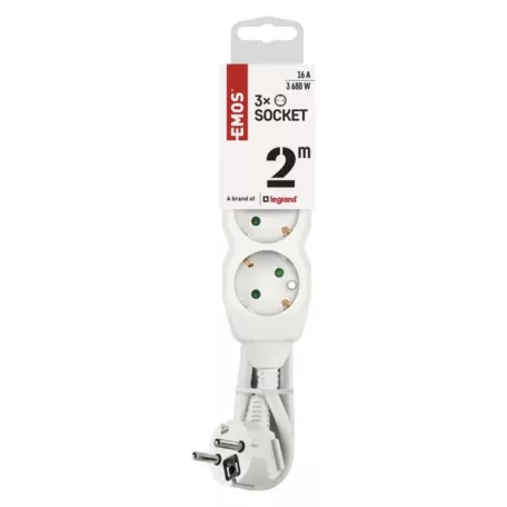 Hosszabbító 2 m / 3 aljzat / fehér / PVC / 1 mm2