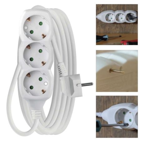 Hosszabbító 5 m / 3 aljzat / fehér / PVC / 1,5 mm2