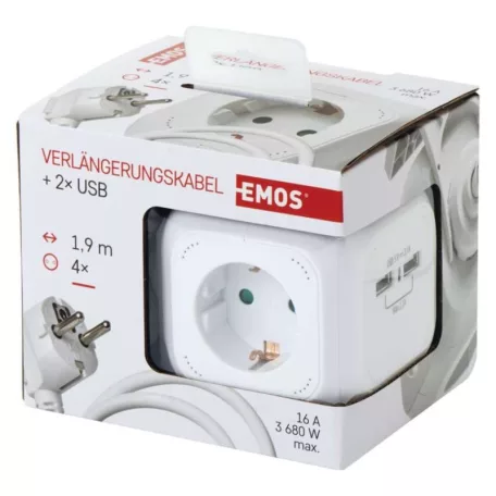 Hosszabbító - kocka 1,9 m / 4 aljzat / fehér / PVC / USB / 1,5 mm2