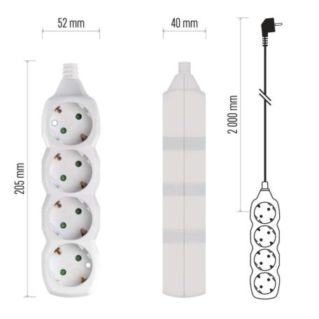 Hosszabbító 2 m  /  4 aljzat  /  fehér  /  PVC  /  1 mm2