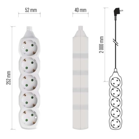 Hosszabbító 2 m  /  5 aljzat  /  fehér  /  PVC  /  1 mm2