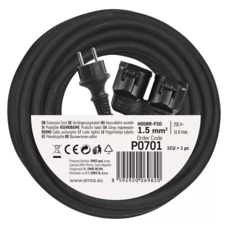 Hosszabbító 10 m / 2 aljzat / fekete / gumi / 250 V / 1,5 mm2