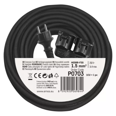 Hosszabbító 20 m / 2 aljzat / fekete / gumi / 250 V / 1,5 mm2