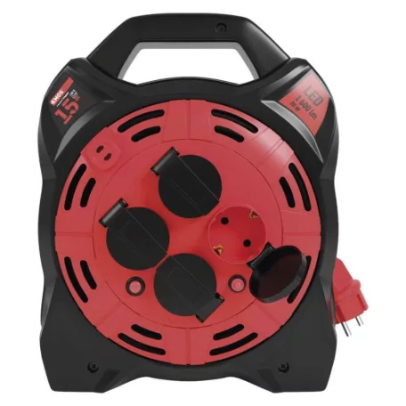 Kültéri kábeldob 15 m / 4 aljzat / gumi-neoprén / 230 V / 1,5 mm2 LED fényvisszaverővel