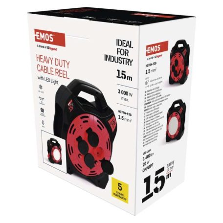 Kültéri kábeldob 15 m / 4 aljzat / gumi-neoprén / 230 V / 1,5 mm2 LED fényvisszaverővel