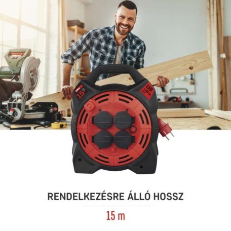 Kültéri kábeldob 15 m / 4 aljzat / gumi-neoprén / 230 V / 1,5 mm2 LED fényvisszaverővel