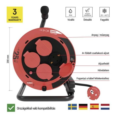 Kültéri kábeldob 25 m / 4 aljzat / fekete / gumi / 230V/400V / 1,0 mm2