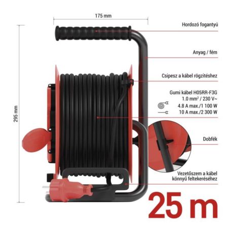 Kültéri kábeldob 25 m / 4 aljzat / fekete / gumi / 230V/400V / 1,0 mm2