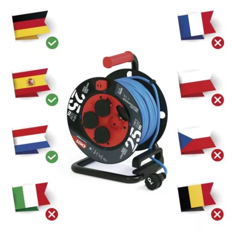 Fagyásálló kábeldob 25 m / 4 aljzat / kék / PVC / 230 V / 1,5 mm2