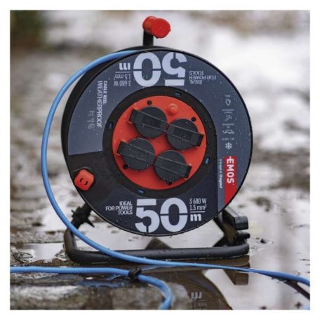 Fagyásálló kábeldob 50 m / 4 aljzat / kék / PVC / 230 V / 1,5 mm2