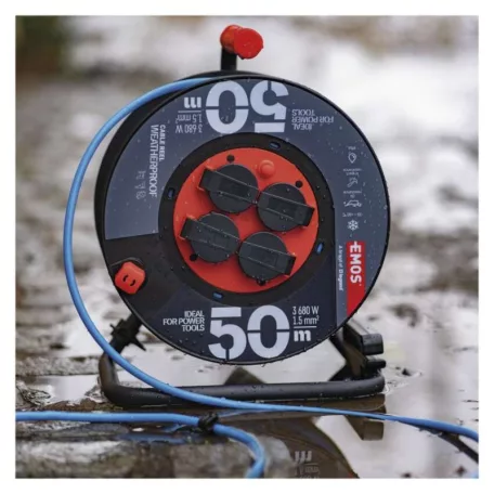 Fagyásálló kábeldob 50 m / 4 aljzat / kék / PVC / 230 V / 1,5 mm2