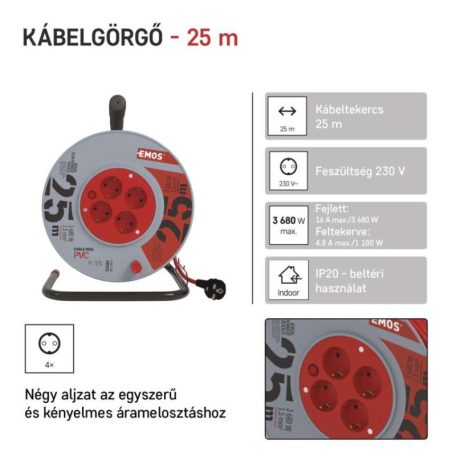Kábeldob 25 m / 4 aljzat / narancssárga / PVC / 230 V / 1,5 mm2