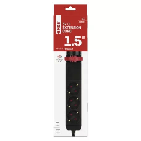 Hosszabbító kábel 1,5 m/3 aljzat/kapcsoló/asztalra szerelhető/USB/fekete/PVC/1,5 mm2