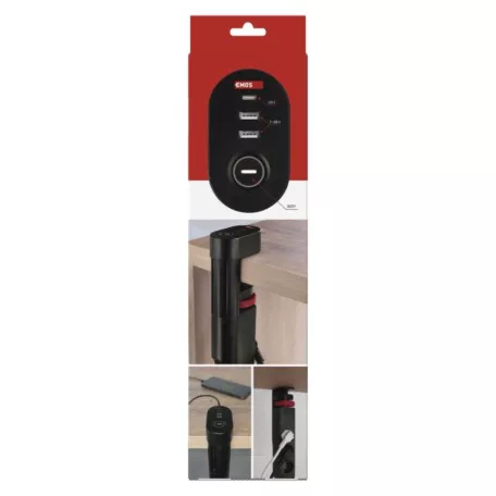 Hosszabbító kábel 1,5 m/3 aljzat/kapcsoló/asztalra szerelhető/USB/fekete/PVC/1,5 mm2