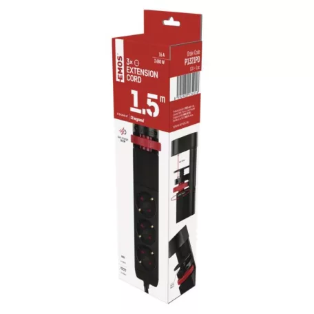 Hosszabbító kábel 1,5 m/3 aljzat/kapcsoló/asztalra szerelhető/USB/fekete/PVC/1,5 mm2