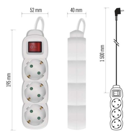 Hosszabbító 1,5 m / 3 aljzat / kapcsolós / fehér / PVC / 1,5 mm2