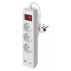   Hosszabbító 2 m / 3 aljzat / kapcsolós / fehér / 1× USB-A + 1× USB-C  / 1,5 mm2