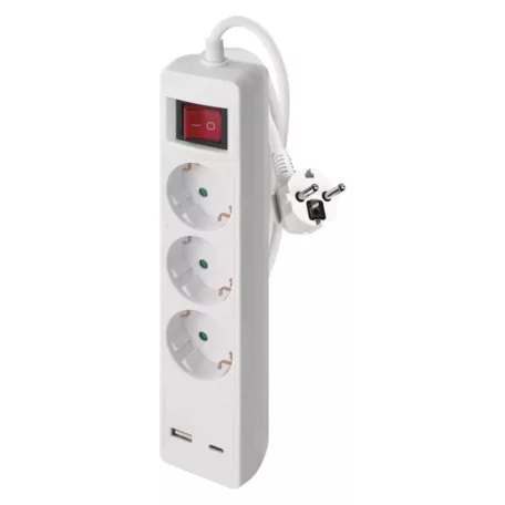 Hosszabbító 2 m / 3 aljzat / kapcsolós / fehér / 1× USB-A + 1× USB-C  / 1,5 mm2