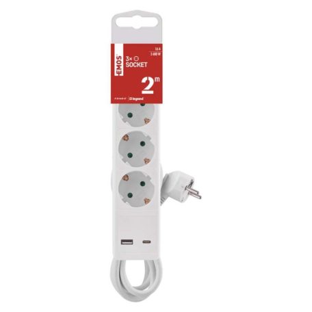 Hosszabbító 2 m / 3 aljzat / kapcsolós / fehér / 1× USB-A + 1× USB-C  / 1,5 mm2