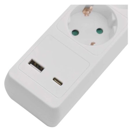 Hosszabbító 2 m / 3 aljzat / kapcsolós / fehér / 1× USB-A + 1× USB-C  / 1,5 mm2