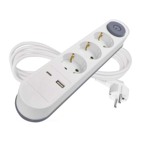 Hosszabbító 2 m / 3 aljzat / kapcsolós / fehér / 1× USB-A + 1× USB-C  / 1,5 mm2