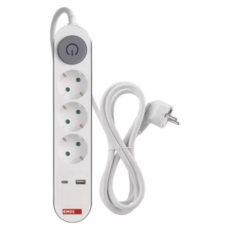 Hosszabbító 2 m / 3 aljzat / kapcsolós / fehér / 1× USB-A + 1× USB-C  / 1,5 mm2