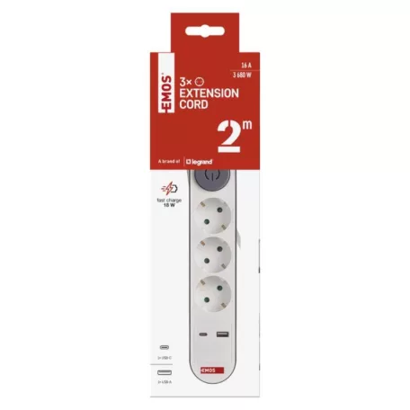 Hosszabbító 2 m / 3 aljzat / kapcsolós / fehér / 1× USB-A + 1× USB-C  / 1,5 mm2