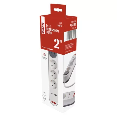 Hosszabbító 2 m / 3 aljzat / kapcsolós / fehér / 1× USB-A + 1× USB-C  / 1,5 mm2
