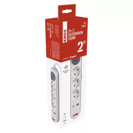 Hosszabbító 2 m / 3 aljzat / kapcsolós / fehér / 1× USB-A + 1× USB-C  / 1,5 mm2