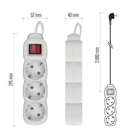Hosszabbító 2 m / 3 aljzat / kapcsolós / fehér / PVC / 1 mm2