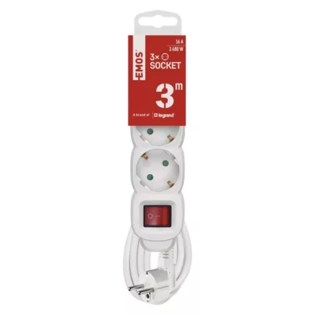 Hosszabbító 3 m / 3 aljzat / kapcsolós / fehér / PVC / 1,5 mm2