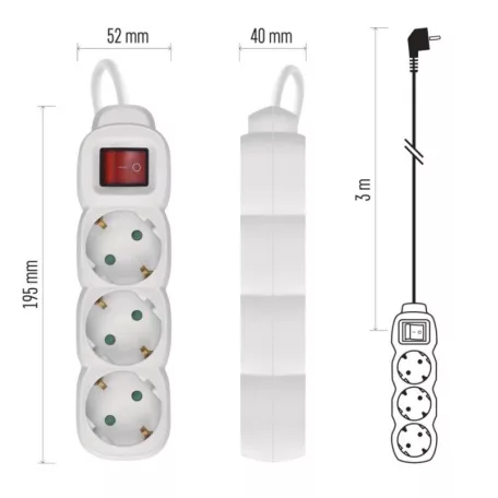 Hosszabbító 3 m / 3 aljzat / kapcsolós / fehér / PVC / 1,5 mm2