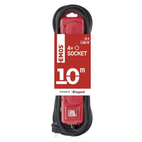 Hosszabbító 10 m / 4 aljzat / kapcsolós / fekete-piros / gumi-neoprén / 1,5 mm2