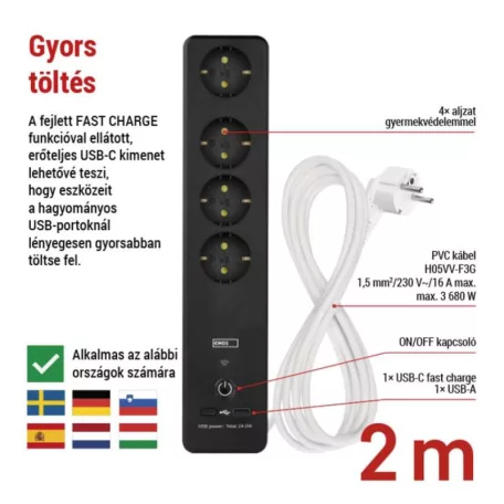 GoSmart hosszabbító 2 m / 4 aljzat / kapcsolós / USB / fehér-fekete / PVC / 1,5 mm2