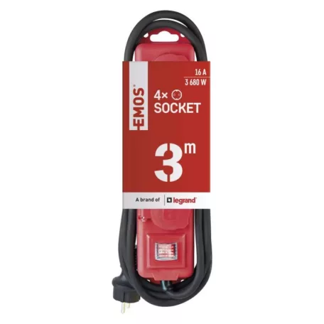 Hosszabbító 3 m / 4 aljzat / kapcsolós / fekete-piros / gumi-neoprén / 1,5 mm2