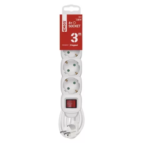 Hosszabbító 3 m / 4 aljzat / kapcsolós / fehér / PVC / 1,5 mm2
