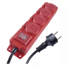   Hosszabbító 5 m / 4 aljzat / kapcsolós / fekete-piros / gumi-neoprén / 1,5 mm2