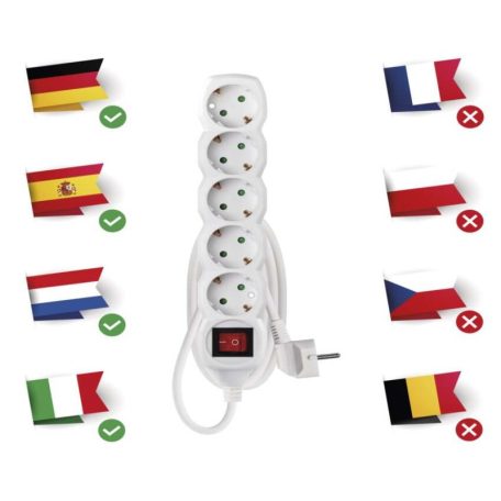 Hosszabbító 1,5 m / 5 aljzat / kapcsolós / fehér / PVC / 1,5 mm2