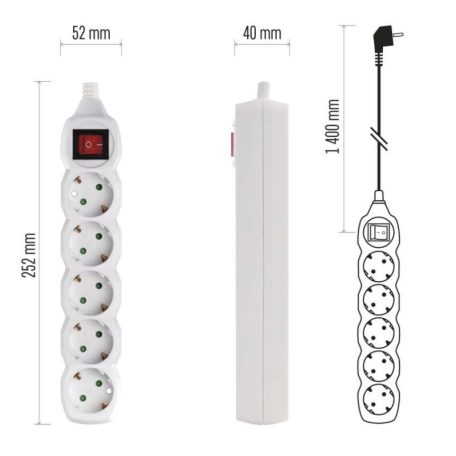 Hosszabbító 1,4 m  /  5 aljzat  /  fehér  /  PVC  /  1 mm2
