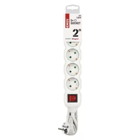 Hosszabbító 2 m / 5 aljzat / kapcsolós / fehér / PVC / 1 mm2