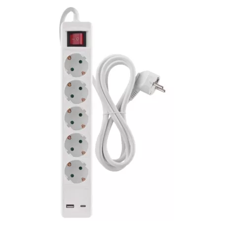 Hosszabbító 3 m / 5 aljzat / kapcsolós / fehér / 1× USB-A + 1× USB-C  / 1,5 mm2