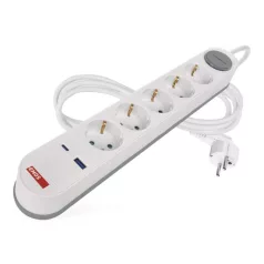   Hosszabbító 3 m / 5 aljzat / kapcsolós / fehér-szürke / 1×USB-A + 1×USB-C / 1,5 mm2